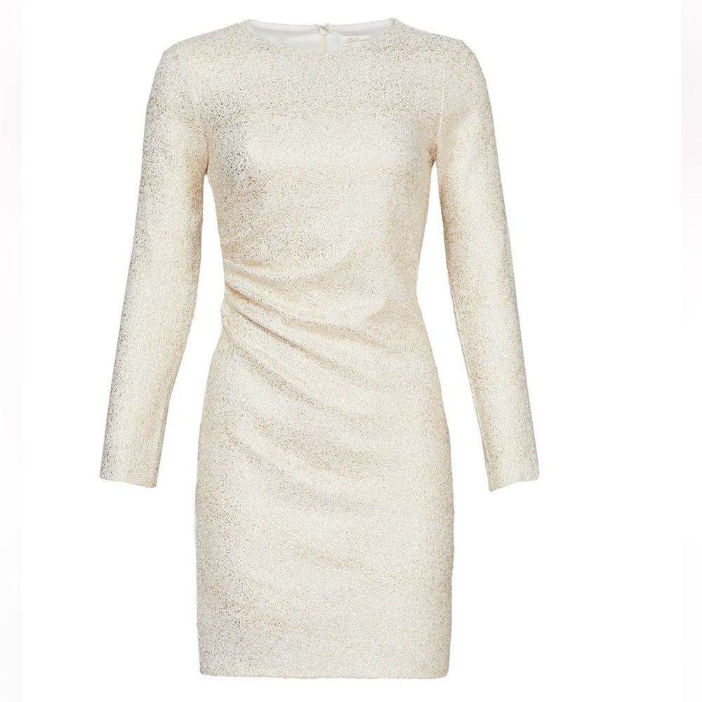 Shoshanna English Breakfast Dress Long-Sleeved Side-Ruched Metallic Gold Ivory 6